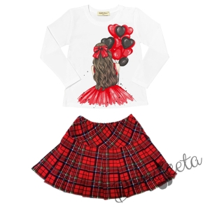Комплект за момиче от блуза в бяло с балони и пола каре в червено с чорапи 2
