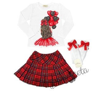 Комплект за момиче от блуза в бяло с балони и пола каре в червено с чорапи 1