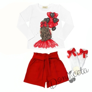 Комплект за момиче от блуза в бяло с балони и къси панталони в червено и чорапи