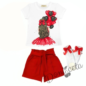 Комплект за момиче от тениска в бяло с балони и къси панталони в червено и чорапи 1