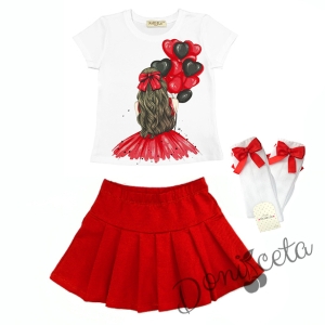Комплект за момиче от тениска в бяло с балони и пола в червено и чорапи