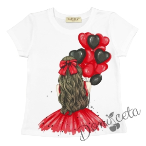 Комплект за момиче от тениска в бяло с балони и пола в червено и чорапи 3