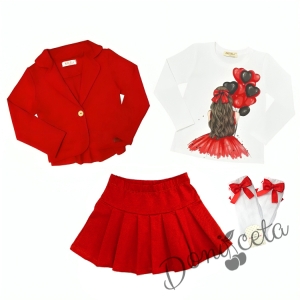 Комплект за момиче от блуза в бяло, сако в и пола в червено и чорапи