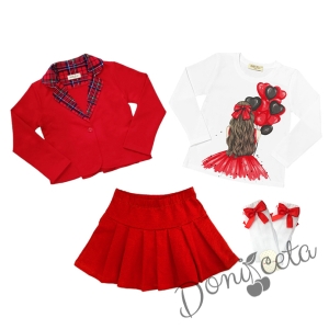 Комплект за момиче от блуза в бяло, сако каре и пола в червено и чорапи
