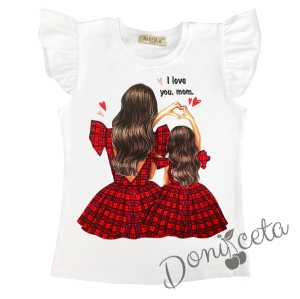 Детска тениска в бяло с крилце за момиче с майка и дъщеря каре