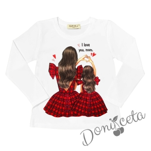 Комплект за момиче от блуза в бяло с майка и дъщеря и пола плисе в червено 2