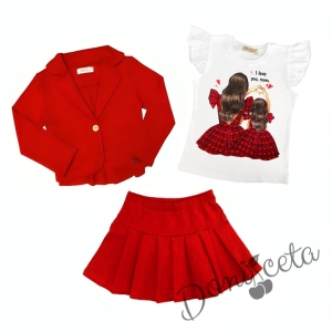 Комплект за момиче от тениска в бяло с майка и дъщеря, сако и пола плисе в червено и чорапи 2