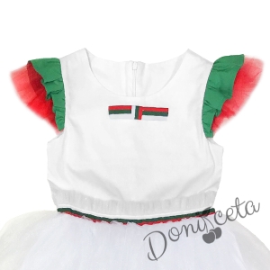 Детска рокля в бяло, зелено и червено и тюл в бяло 2
