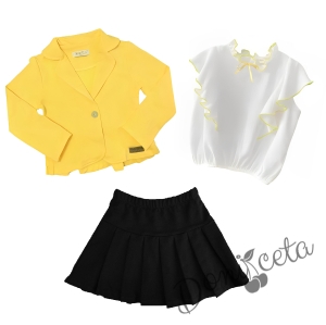 Комплект от риза в бяло с жълти къдрици, сако в жълто и пола в черно