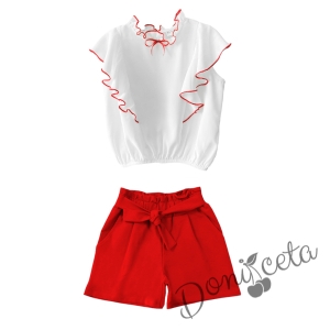 Комплект от риза в бяло с червени къдрици и къси панталони в червено