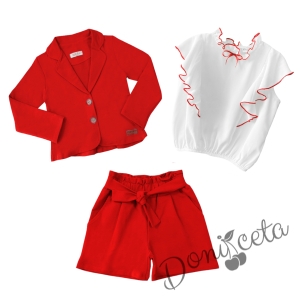 Комплект от риза в бяло с червени къдрици, сако и къси панталони в червен цвят