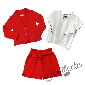 Комплект от риза в бяло с черни къдрици, сако и къси панталони в червен цвят