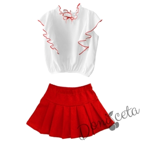 Комплект от риза в бяло с червени къдрици и пола плисе в червен цвят
