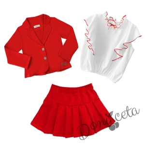 Комплект от риза в бяло с червени къдрици, сако и пола плисе в червен цвят
