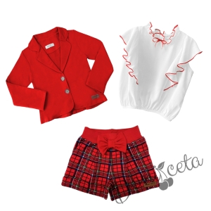 Комплект от риза в бяло с червени къдрици, сако в червено и къси панталони каре