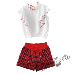 Комплект от риза в бяло с червени къдрици, сако и къси панталони в червено каре 2