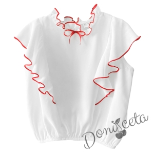 Комплект от риза в бяло с червени къдрици, сако и пола плисе в червено каре 3