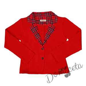 Комплект от риза в бяло с червени къдрици, сако и пола плисе в червено каре 4