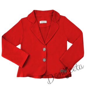Комплект от риза в бяло с червени къдрици, сако и пола плисе в червен цвят 5