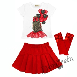 Комплект за момиче от тениска в бяло с балони, пола и чорапи в червено
