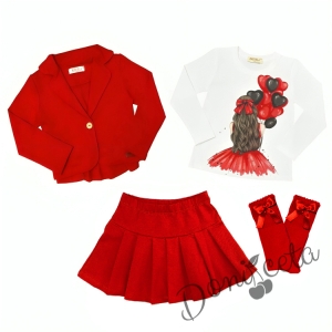 Комплект за момиче от блуза в бяло, сако,  пола плисе и чорапи в червено 1