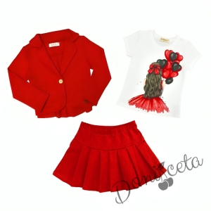 Комплект за момиче от тениска в бяло, сако, пола плисе и чорапи в червено 2