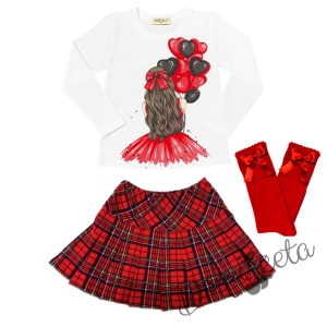 Комплект за момиче от блуза в бяло, сако и пола каре в червено и чорапи 2