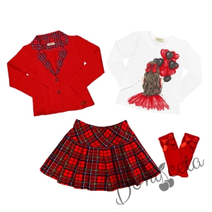 Комплект за момиче от блуза в бяло, сако и пола каре в червено и чорапи