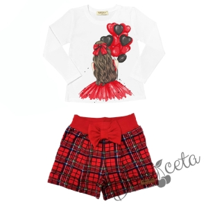 Комплект за момиче от блуза в бяло с балони, къси панталони каре и чорапи в червено 2