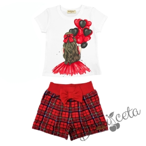 Комплект за момиче от тениска в бяло с балони, къси панталони каре и чорапи в червено 2