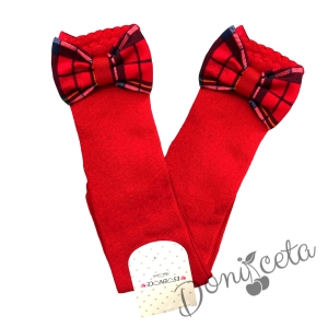 Детски 3/4 чорапи в червено с панделка каре 