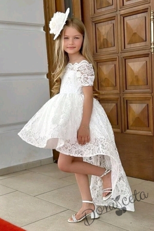 Официална детска рокля в бяло от дантела с къс ръкав и капела Ноеми 3