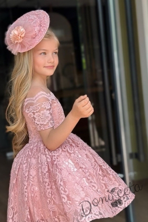 Официална детска рокля в пепел от рози от дантела с къс ръкав и капела Ноеми 3