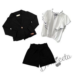 Комплект от риза в бяло с черни къдрици, сако и къси панталони в черно