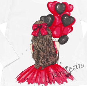 Детска блуза с дълъг ръкав в бяло за момиче с балони в цвят малина 2