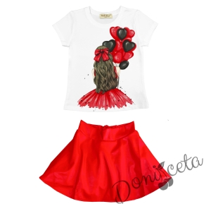 Комплект за момиче от тениска в бяло с балони в червено и кожена пола