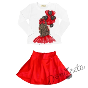 Комплект за момиче от блуза в бяло с балони в червено и кожена пола