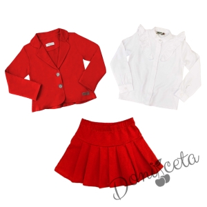 Комплект от 3 части - сако, пола плисе в червено и риза с дълъг ръкав и къдрици