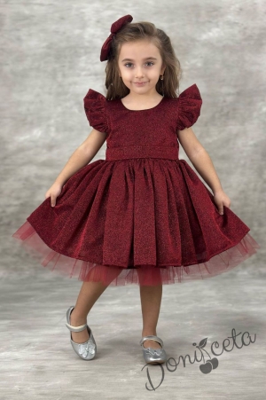 Официална детска рокля с къс ръкав с брокат Балеа в бордо