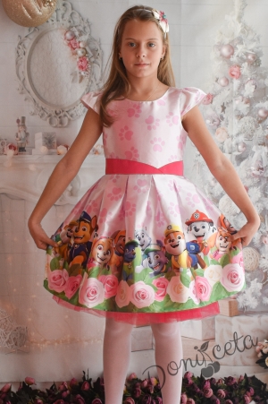 Официална детска рокля с тюл в розово и цикама с Пес Патрул и лапи