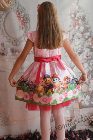 Официална детска рокля с тюл в розово и цикама с Пес Патрул и лапи 3