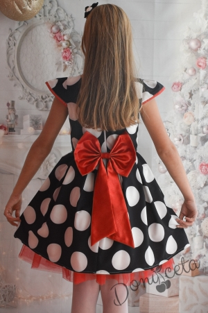 Официална детска рокля в черно на бели точки с червен колан 4