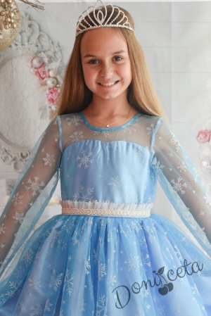 Официална детска дълга рокля в светлосиньо с дълъг ръкав на снежинки 2