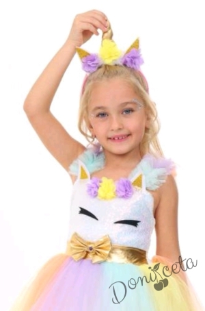 Дълга детска рокля с Пони/Еднорог с многоцветен тюл с диадема за коса 2