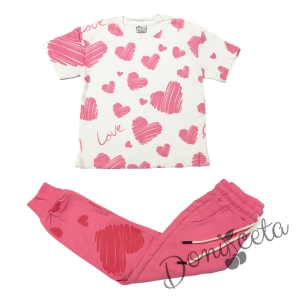 Комплект за момиче от тениска и панталон в розово на сърца