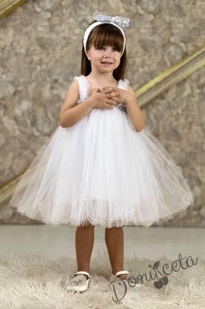Официална детска/бебешка рокля без ръкав с богат тюл в бяло Лили и лента за коса