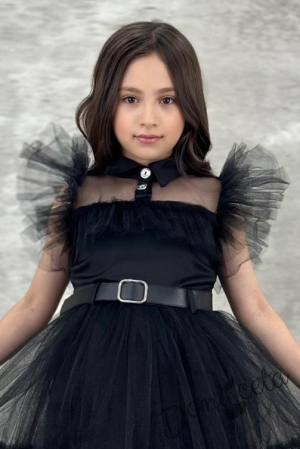 Официална детска рокля в черно с тюл, къс ръкав тип крилце и черен колан 2