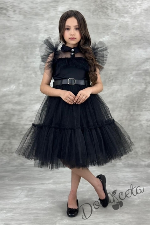 Официална детска рокля в черно с тюл, къс ръкав тип крилце и черен колан 3