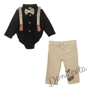 Бебешки комплект от панталон в бежово, боди-риза в черно, тиранти и папийонка 