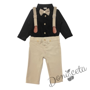 Бебешки комплект от панталон в бежово, боди-риза в черно, тиранти и папийонка  2